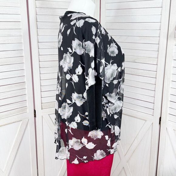 Inner Beauty Floral Sheer Mesh Kimono Topper Open Front Black White XL - Picture 3 of 11